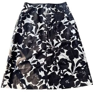 NWT Ann Taylor Skirt 6 Black White Floral A-Line Midi Cotton Stretch Lined Chic